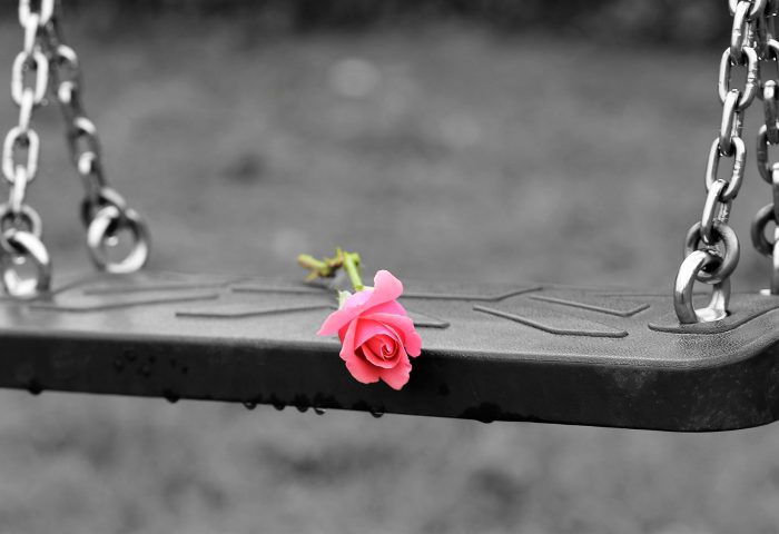 Flor (una rosa roja) dejada sobre un columpio vacío.