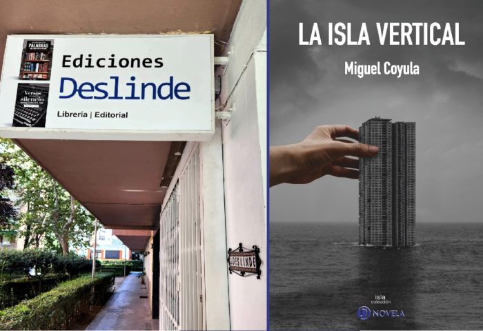 Cartel de librería Ediciones Deslinde y novela la Isla vertical
