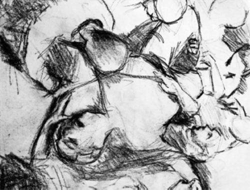 Dibujo de Sylvia Baldeon que representa cuerpos humanos.