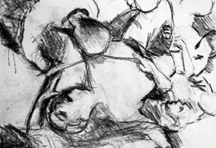 Dibujo de Sylvia Baldeon que representa cuerpos humanos.