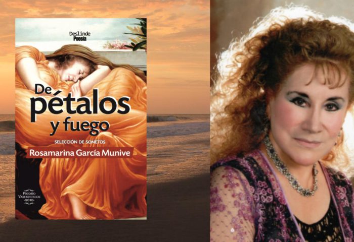 imagen de Rosamarina García Munive y cubierta de su libro "De pétalos y fuego".
