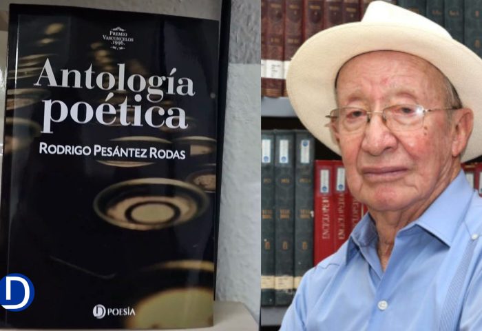 Imagen del escritor Rodrigo Pesántez con portada de su libro "Antología poética".