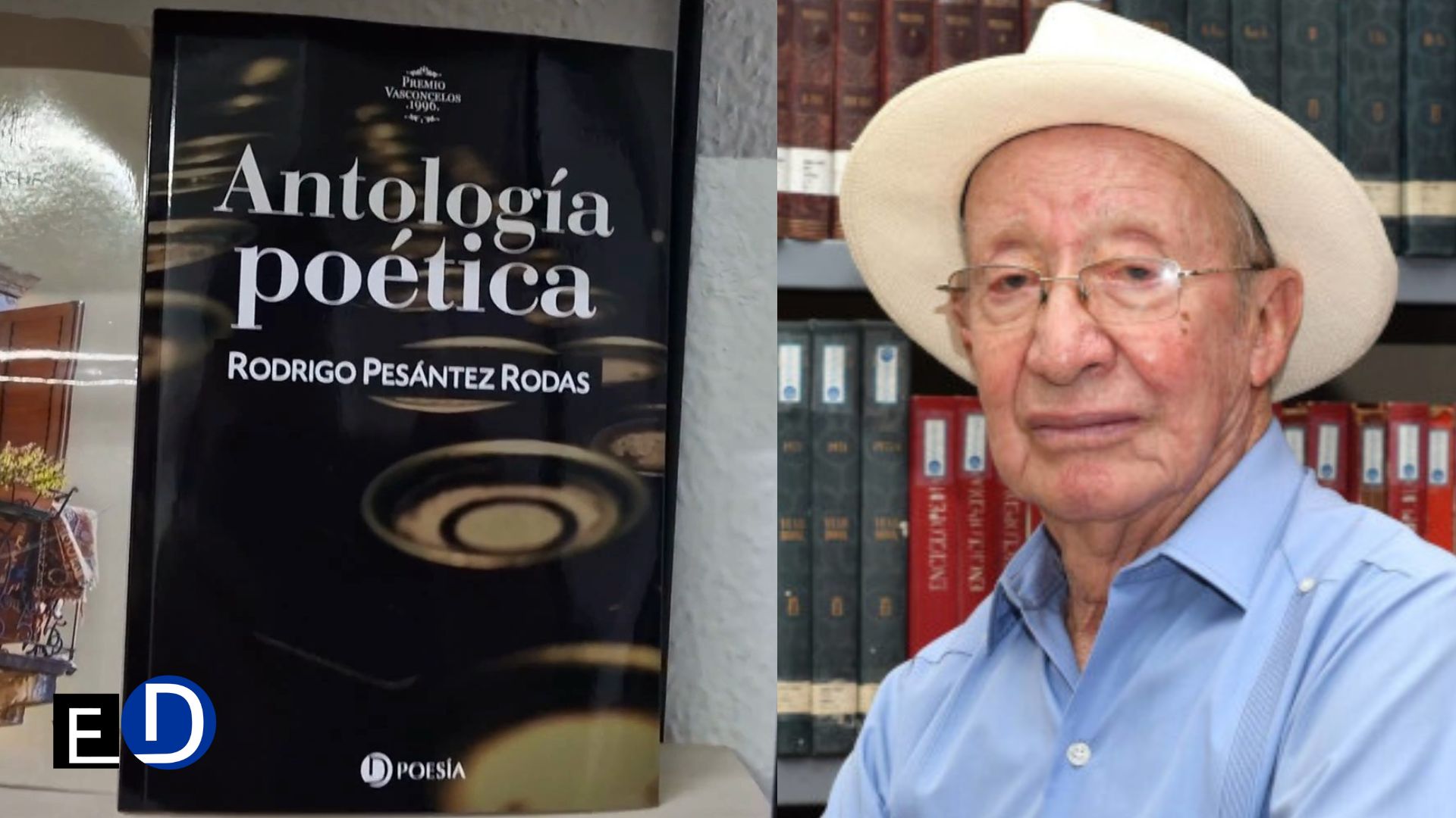 Imagen del escritor Rodrigo Pesántez con portada de su libro "Antología poética".