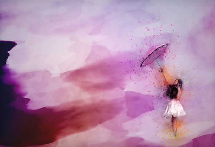 Mujer con sombrilla elevándose desde el suelo