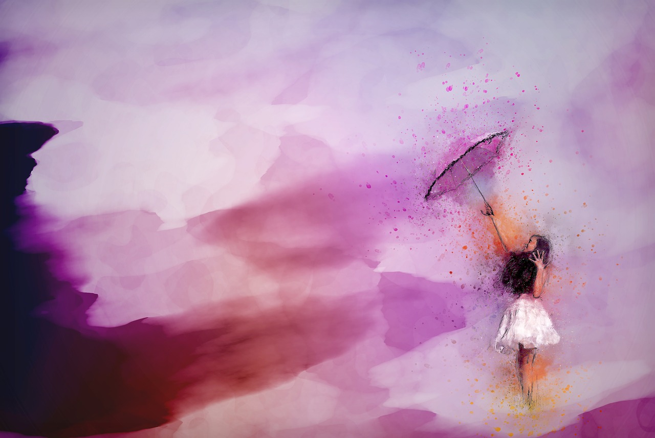 Mujer con sombrilla elevándose desde el suelo