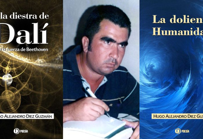 Autor Hugo Alejandro Ruiz Guzmán con cubiertas de sus libros "La doliente humanidad" y "A la diestra de Dalí" (Ediciones Deslinde, Madrid, 2022).