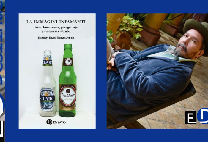 Henry Eric Hernández y cubierta de su libro “La immagini infamanti. Arte, burocracia, peregrinaje y violencia en Cuba”