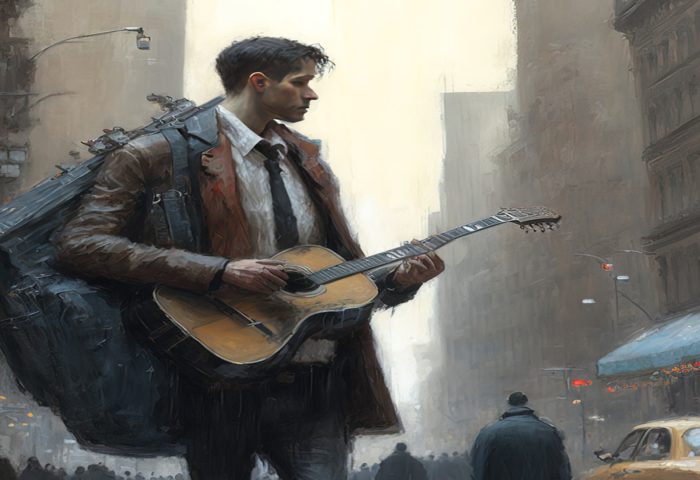 joven con guitarra en ciudad lluviosa.