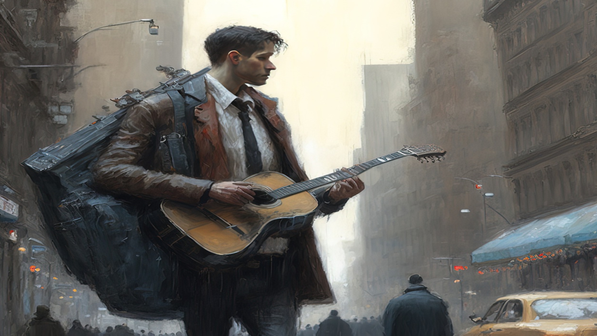 joven con guitarra en ciudad lluviosa.