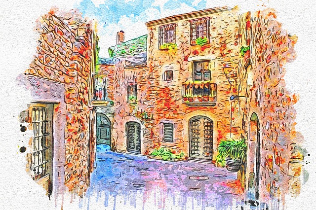 Acuarela de pueblo adoquinado y colorido.