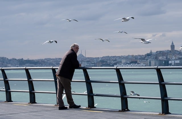 Señor parado en un puente mira a las palomas volando sobre el mar.