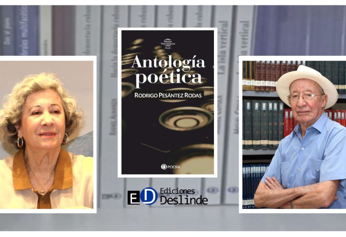 Los escritores Ángela Reyes y Rodrigo Pesántez Rodas, y cubierta del libro "Antología poética" (Ed. Deslinde, Madrid, 2022), del autor ecuatoriano.
