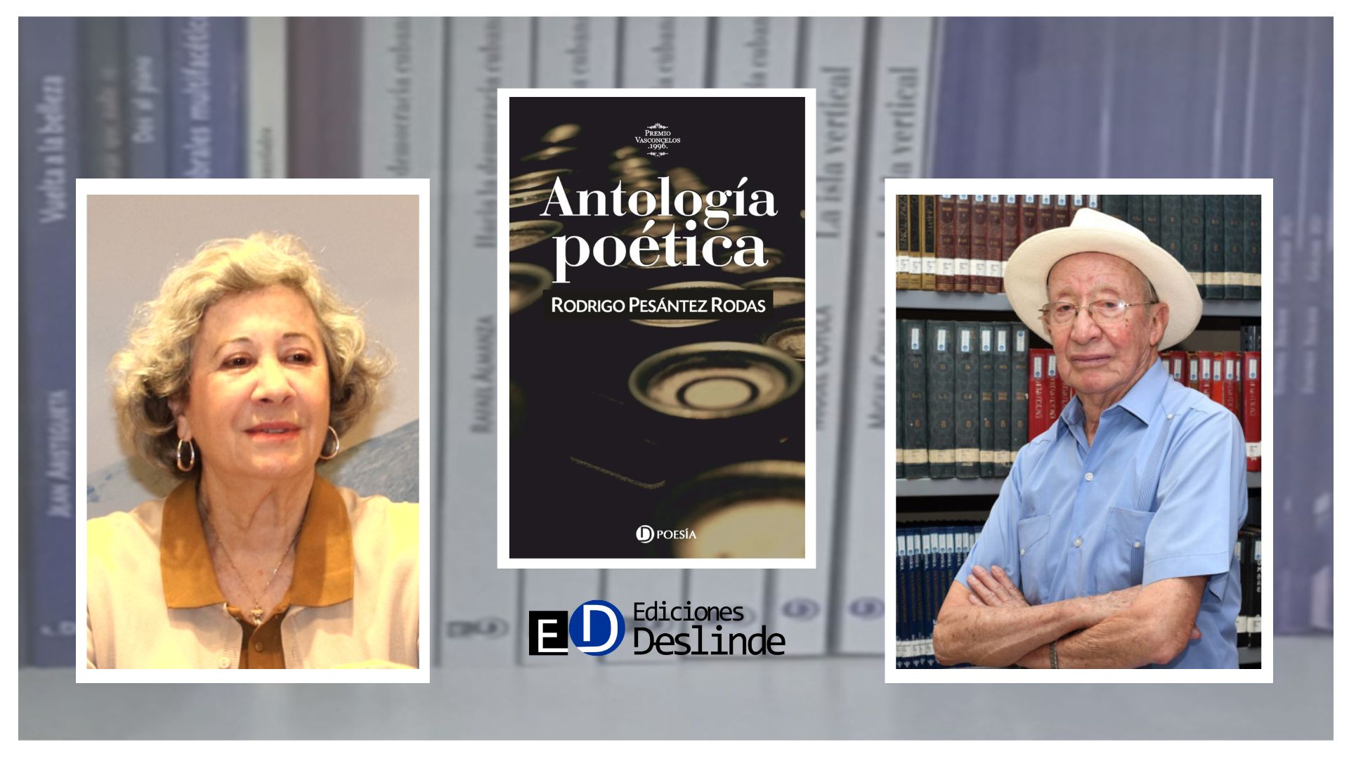 Los escritores Ángela Reyes y Rodrigo Pesántez Rodas, y cubierta del libro "Antología poética" (Ed. Deslinde, Madrid, 2022), del autor ecuatoriano.