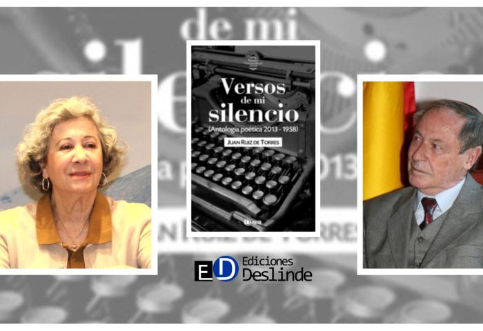 Los escritores Ángela Reyes y Juan Ruiz de Torres, y la cubierta del libro "Versos de mi silencio" (Ed. Deslinde, Madrid, 2022).