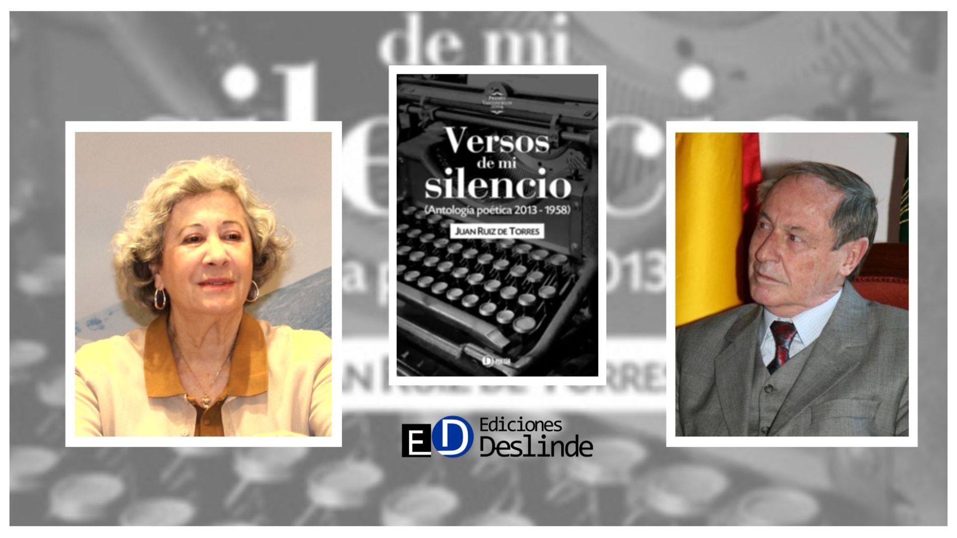 Los escritores Ángela Reyes y Juan Ruiz de Torres, y la cubierta del libro "Versos de mi silencio" (Ed. Deslinde, Madrid, 2022).