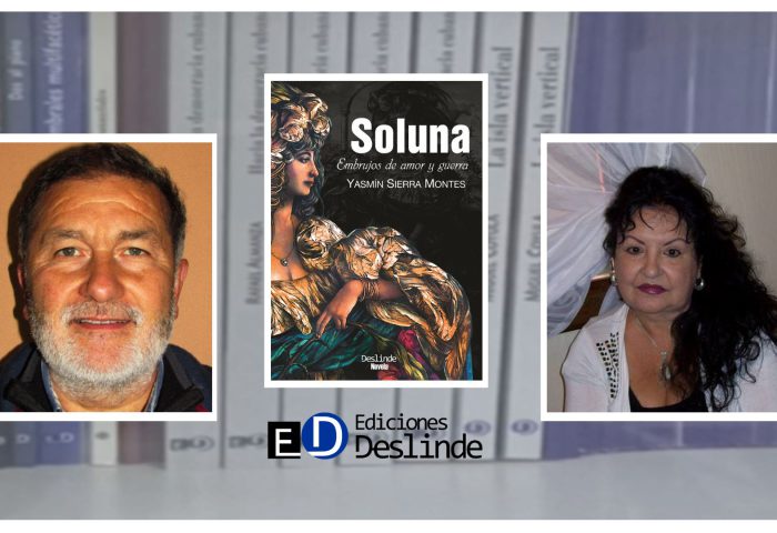 Los escritores Edgardo Alarcón y Yasmín Sierra, junto a cubierta del libro "Soluna" (Ediciones Deslinde, madrid, 2019).