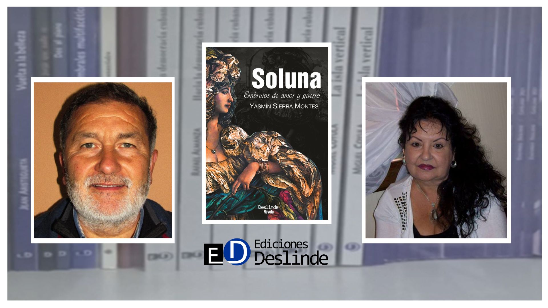 Los escritores Edgardo Alarcón y Yasmín Sierra, junto a cubierta del libro "Soluna" (Ediciones Deslinde, madrid, 2019).