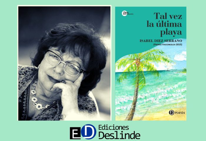La escritora española Isabel Díez Serrano y la cubierta de su libro "Tal vez la última playa" (Ed. Deslinde, Madrid, 2023).