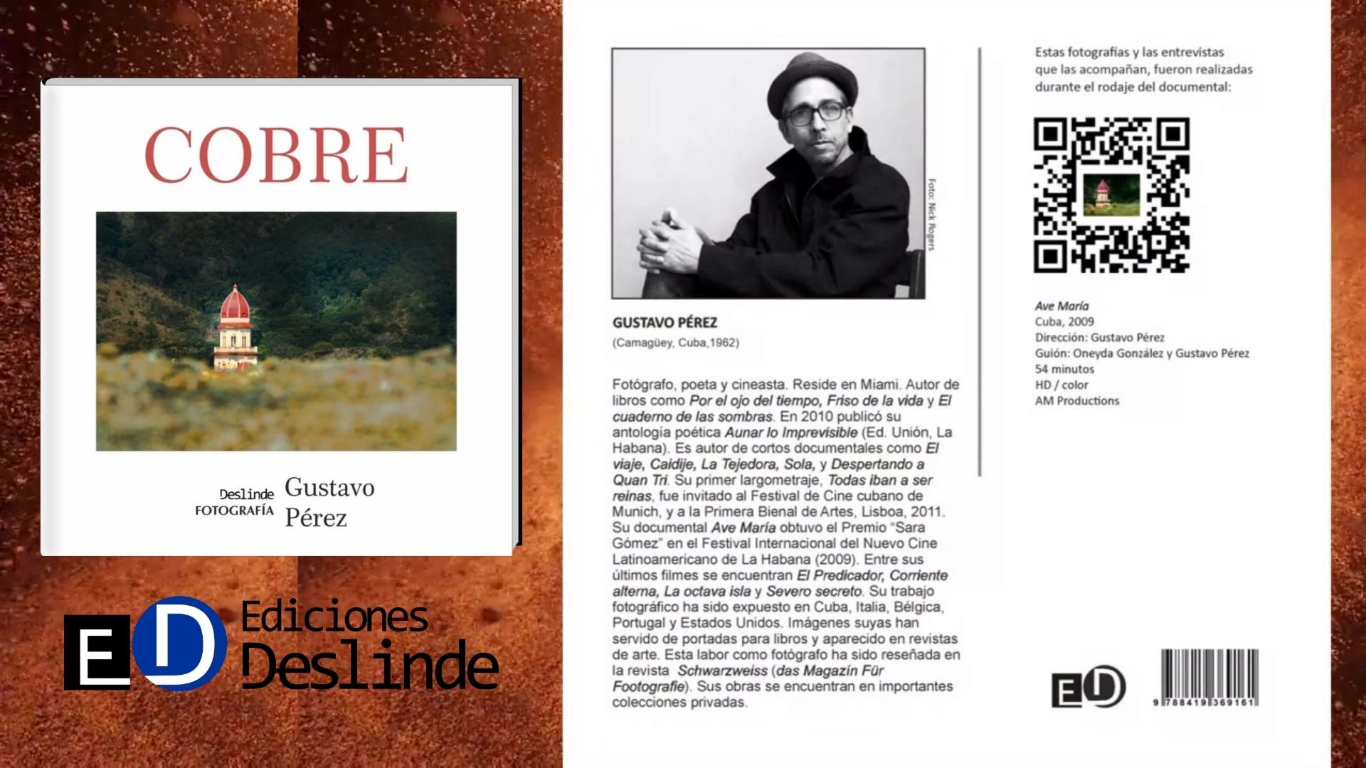 Cubierta y contracubierta del libro "Cobre" (Ediciones Deslinde, Madrid, 2023), del fotógrafo, poeta y cineasta cubano Gustavo Pérez.