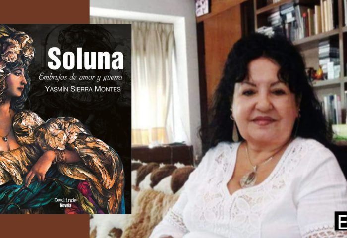 La escritora cubana Yasmín Sierra junto a la portada de su novela "Soluna. Embrujos de amor y guerra" (Ediciones Deslinde, Madrid, 2019).