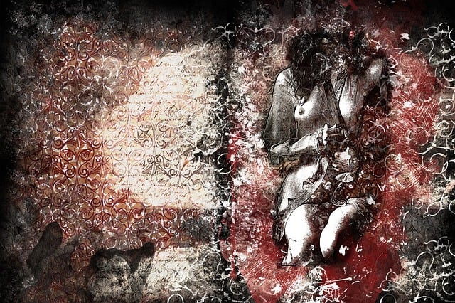 Papiro abstracto con figura de mujer semidesnuda, para poemas de Carilda Oliver Labra.