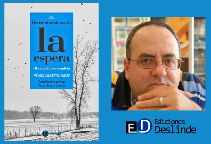 Escritor cubano Pedro Alberto Assef y cubierta de su libro "Derrumamiento de la espera" (Ediciones Deslinde, Madrid, 2023).