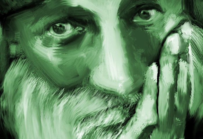 Pintura del rostro de un anciano en primer plano, para usar en el cuento "Historia corta, cortita, del jovenzuelo trepa", perteneciente al libro "Andando por la orilla movediza" (Ed. Deslinde, Madrid, 2021), de la escritora española Beatriz Villacañas.