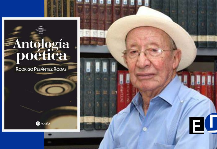 Rodrigo Pesántez Rodas y cubierta de su libro "Antología poética" (Ediciones Deslinde, Madrid, 2022).