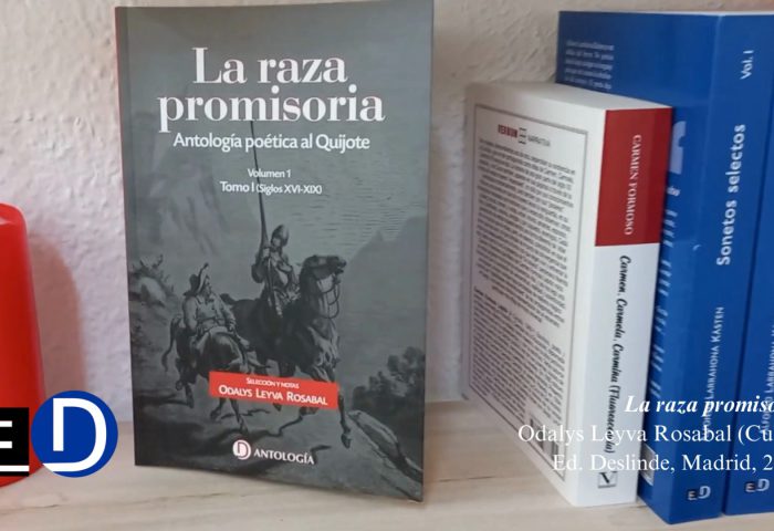 Cubierta del libro "La raza promisoria" (Ed. Deslinde, Madrid, 2023), una Antología poética al Quijote, con selección de textos y notas de Odalys Leyva.