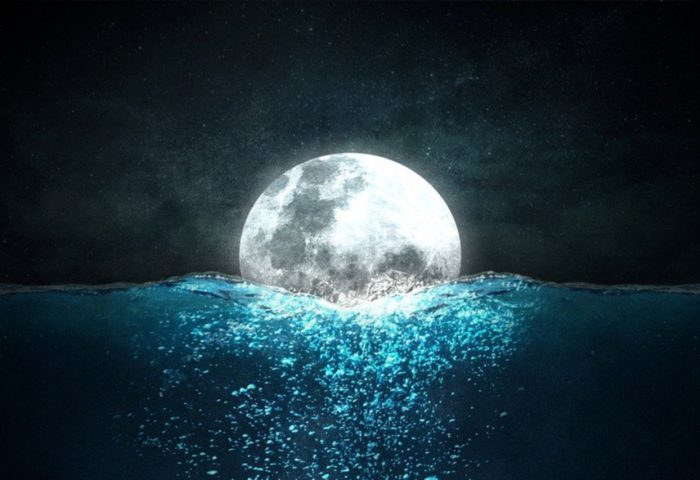 Imagen de Luna llena sobre el mar de noche, para poema "Ante el mundo", del libro "Sonetos selectos". Volumen I (1957-2012).