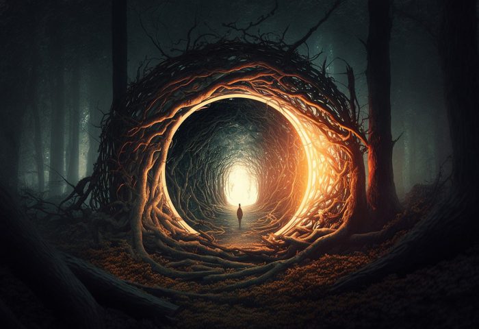 Silueta de figura humana en el centro de un bosque, donde los árboles enrevesados conforman una especie de ojo de luz en medio de la noche.