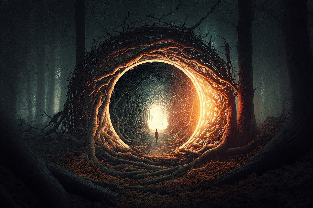 Silueta de figura humana en el centro de un bosque, donde los árboles enrevesados conforman una especie de ojo de luz en medio de la noche.