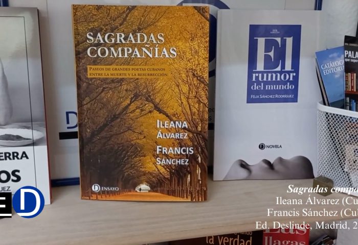 Cubierta del libro "Sagradas compañías" (Ediciones Deslinde, Madrid, 2023), de los escritores cubanos Ileana Álvarez y Francis Sánchez.