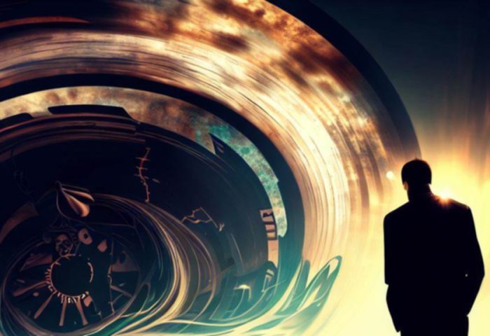 Silueta de hombre frente a reloj gigante deshaciéndose, para texto "Biografía del instante".