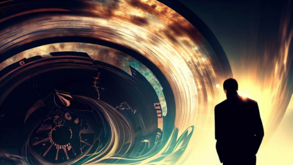 Silueta de hombre frente a reloj gigante deshaciéndose, para texto "Biografía del instante".