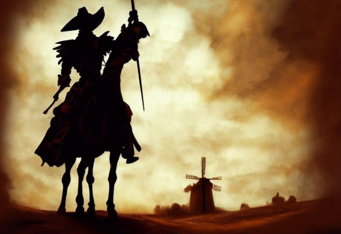 Don Quijote de la mancha montado en Rocinante cerca de los molinos de viento.