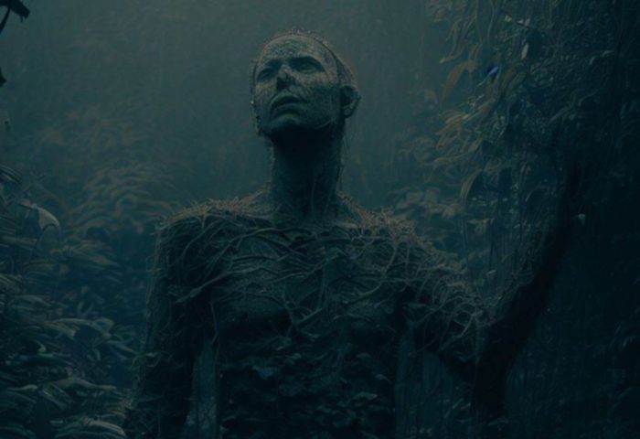 Figura humana envuelta en la floresta de un paisaje gris, para texto "Dormiremos como animales enjaulados"