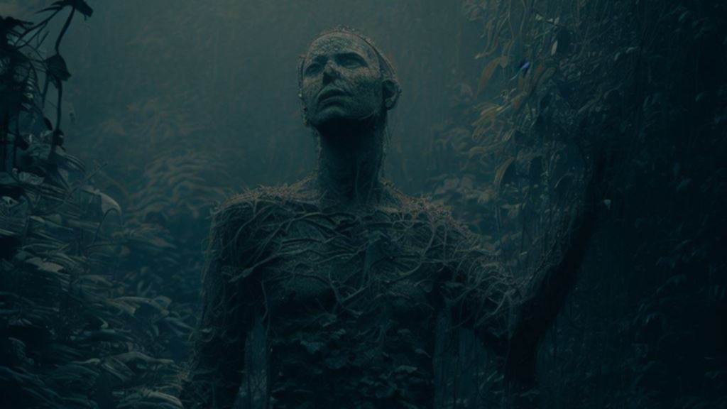 Figura humana envuelta en la floresta de un paisaje gris, para texto "Dormiremos como animales enjaulados"