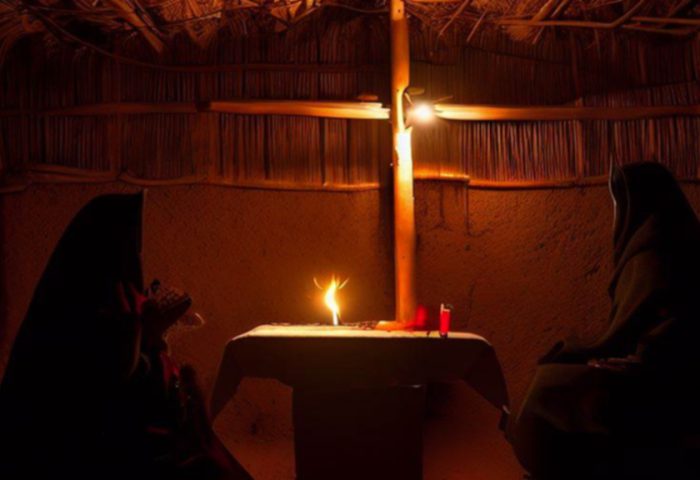 Dos mujeres sentadas a la mesa en una choza de adobe, iluminada. Para usar en el poema "El extrangero".