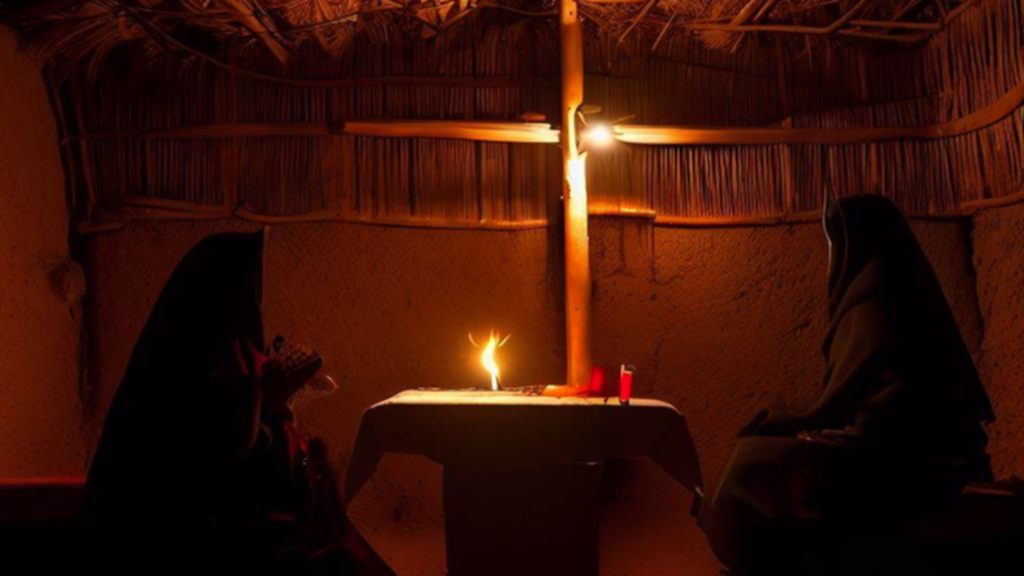 Dos mujeres sentadas a la mesa en una choza de adobe, iluminada. Para usar en el poema "El extrangero".