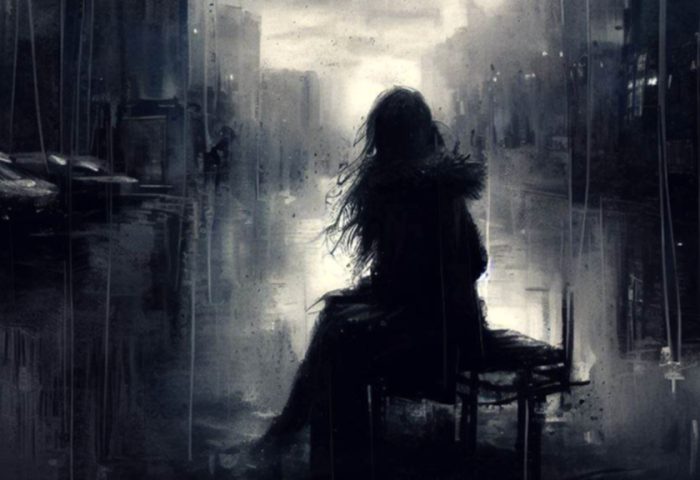 Silueta de mujer sentada bajo la lluvia.