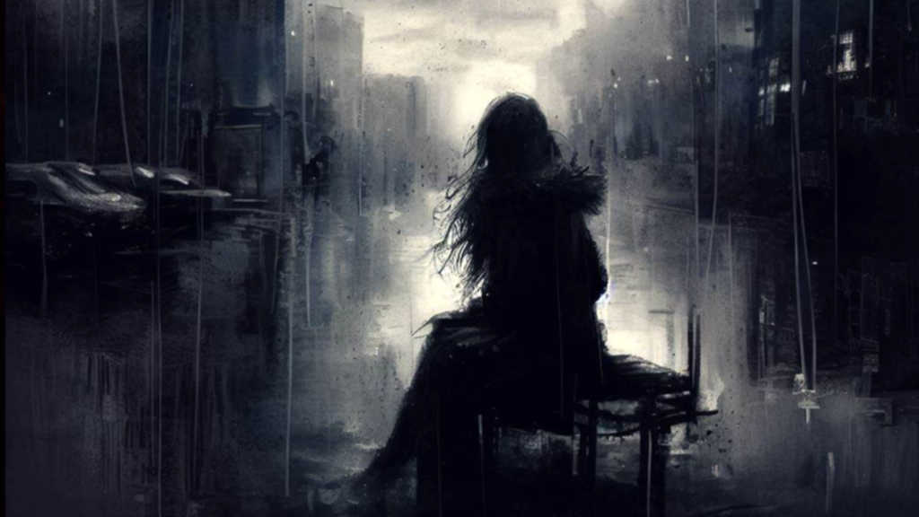 Silueta de mujer sentada bajo la lluvia.