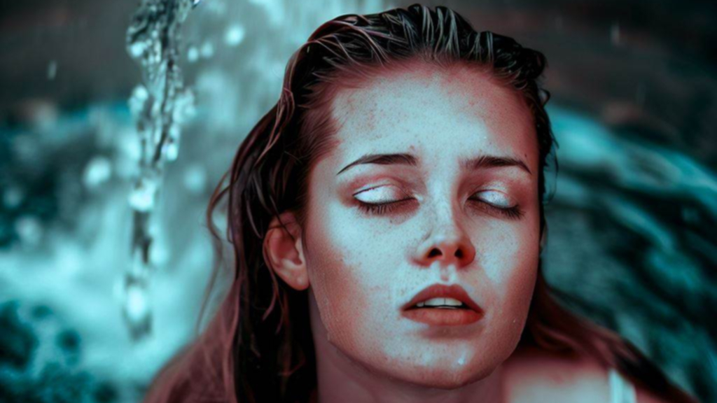 Rostro de mujer mojada con los ojos cerrados en una fuente.