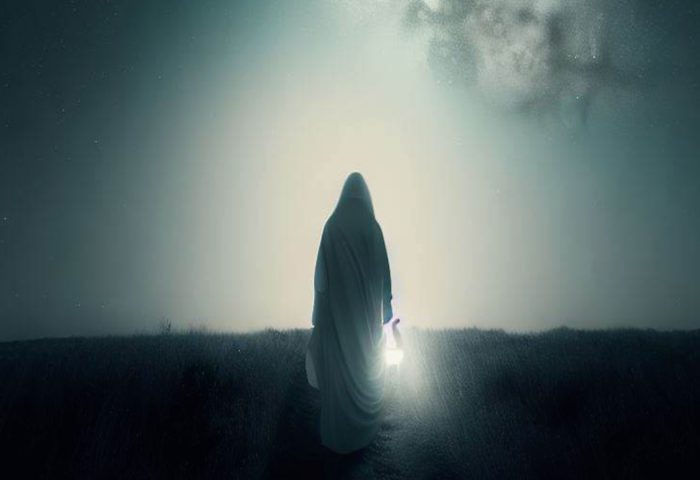 Figura de mujer de espaldas camina hacia la niebla.