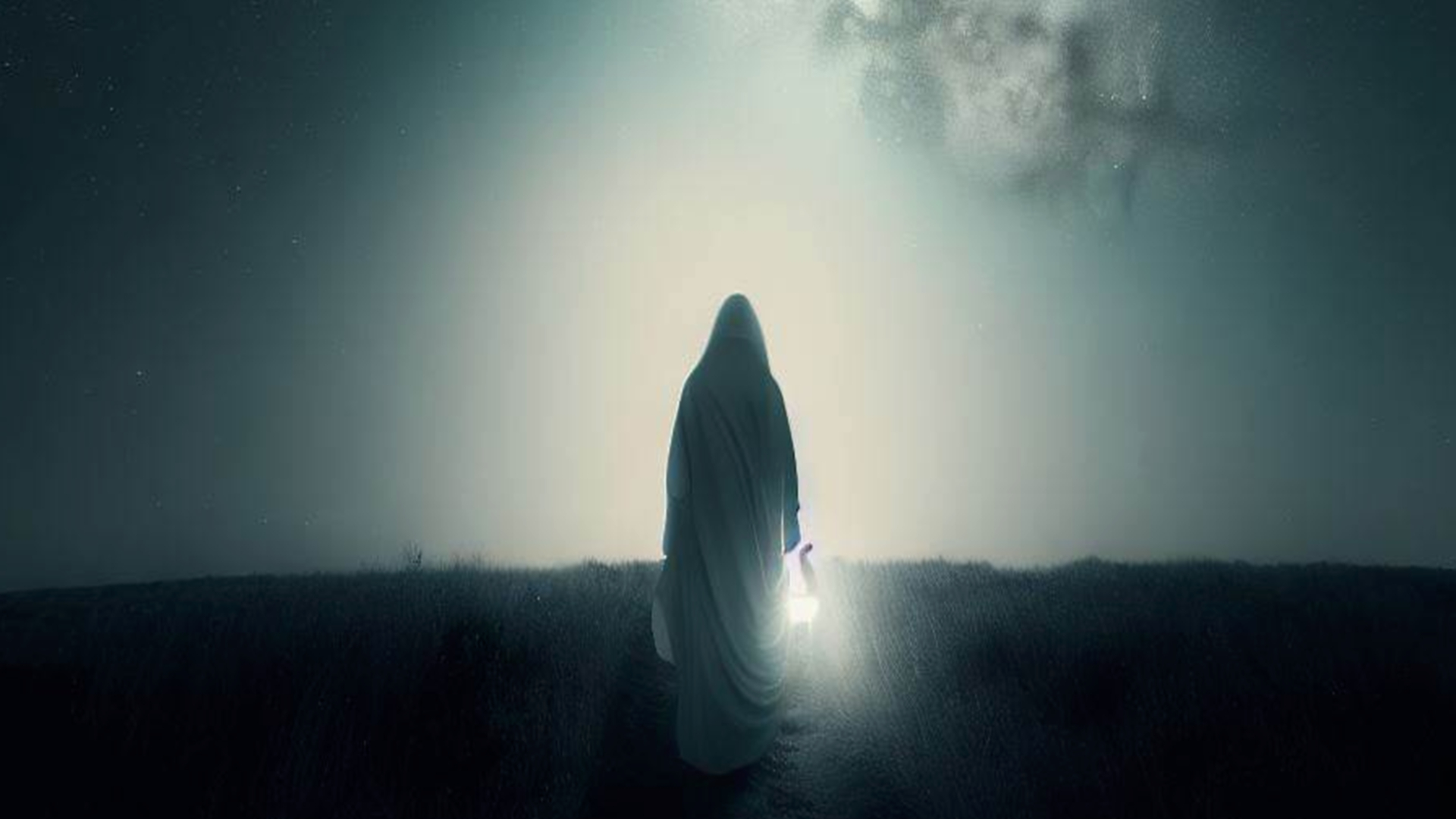 Figura de mujer de espaldas camina hacia la niebla.