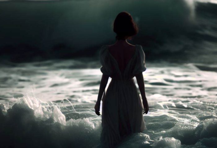 Mujer adentrándose en el mar.