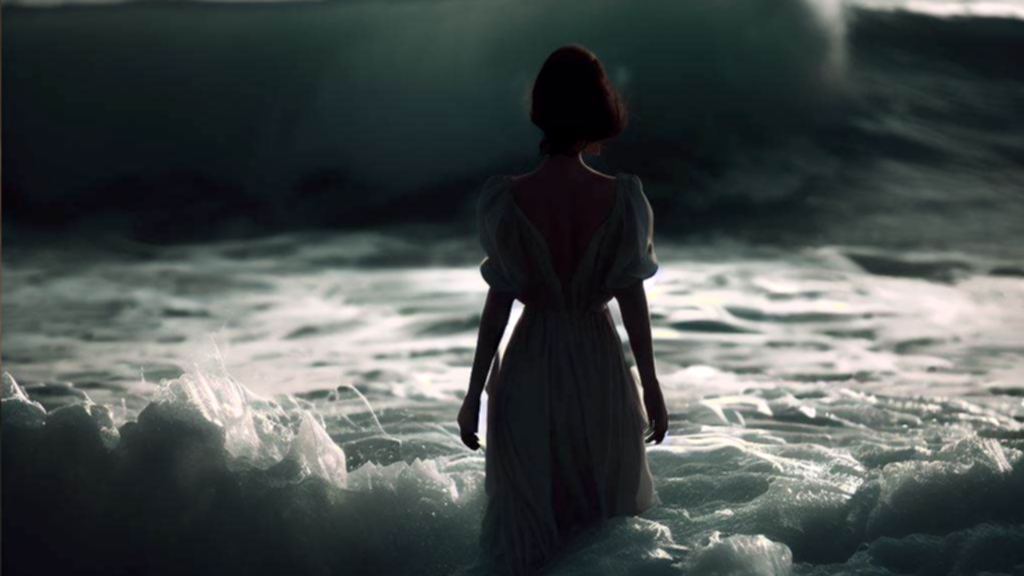 Mujer adentrándose en el mar.