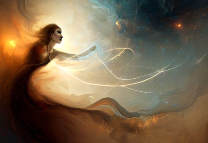 Mujer volando en el universo.