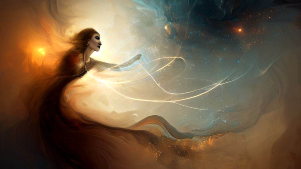 Mujer volando en el universo.