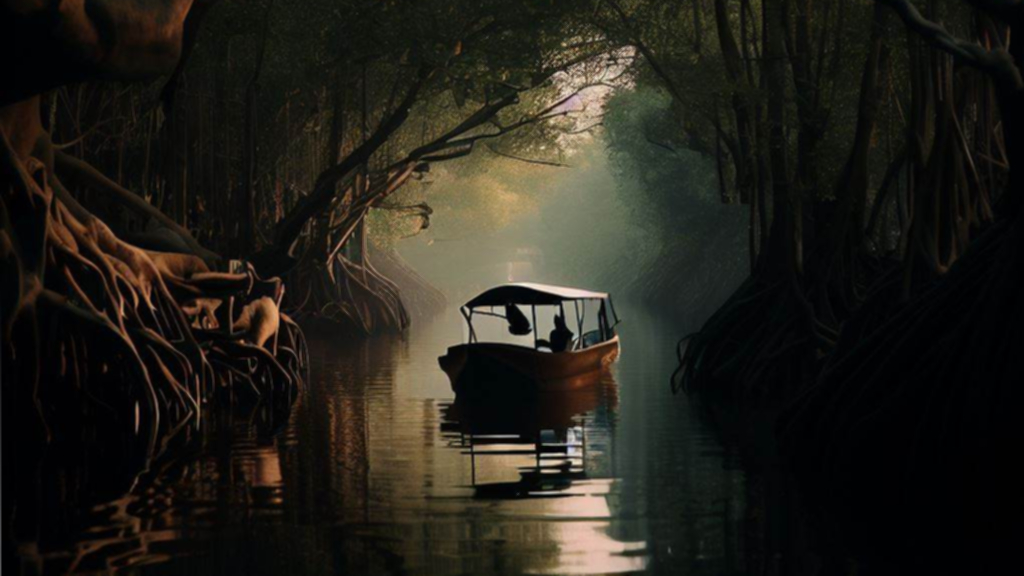 Barca por el río entre árboles de grandes raíces.